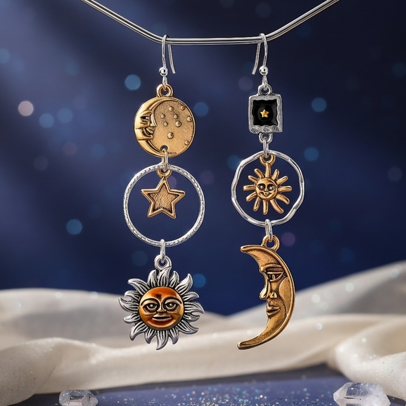 🆕️Boho Chic Sun Moon Star Asymmetrical Dangle Earrings | Celestial Vibes 🌞⭐ - Picture 6 of 8